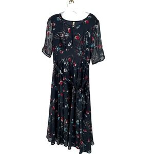Free People Dress 4 Butterfly Floral Midi Black Pink Teal Chiffon Boho